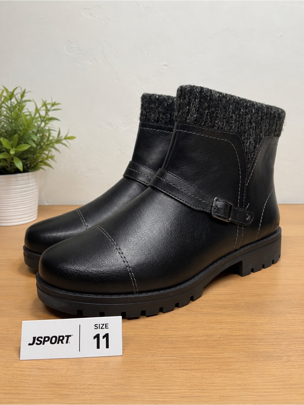 JSPORT Black Knit-Cuff Ankle Boots for Women